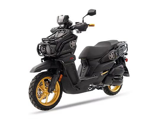Black scooter with gold accents, windshield, luggage rack, and passenger backrest.
