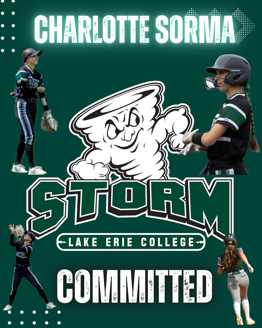T3 Mavericks softball player, Charlotte Sorma, college commitment graphic