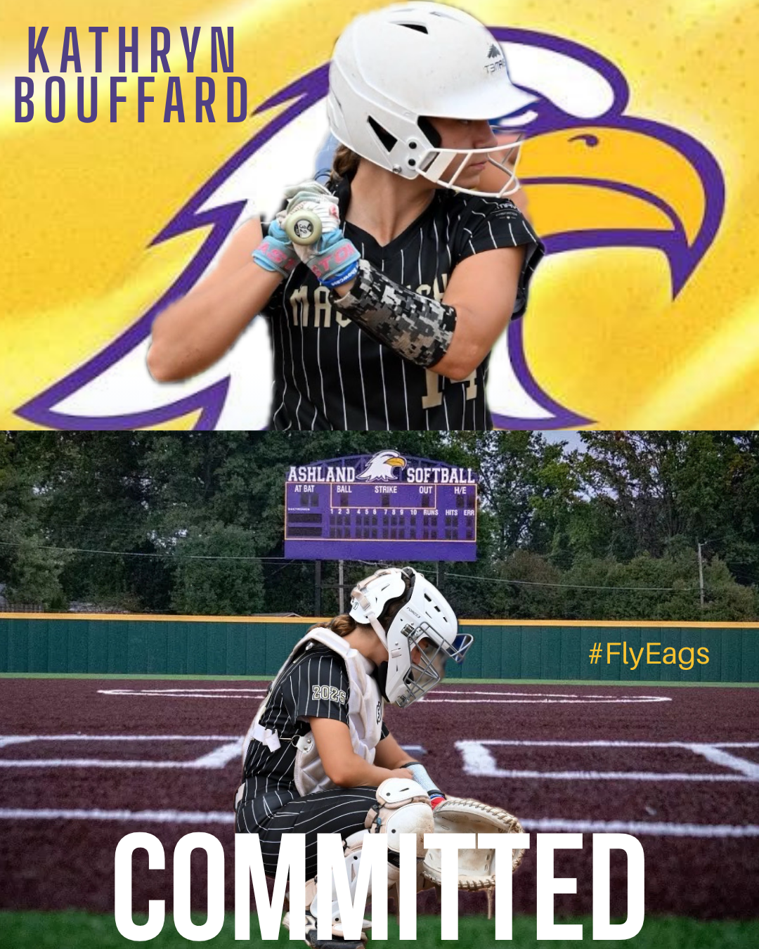 T3 Mavericks softball player, Kathryn Bouffard, college commitment graphic