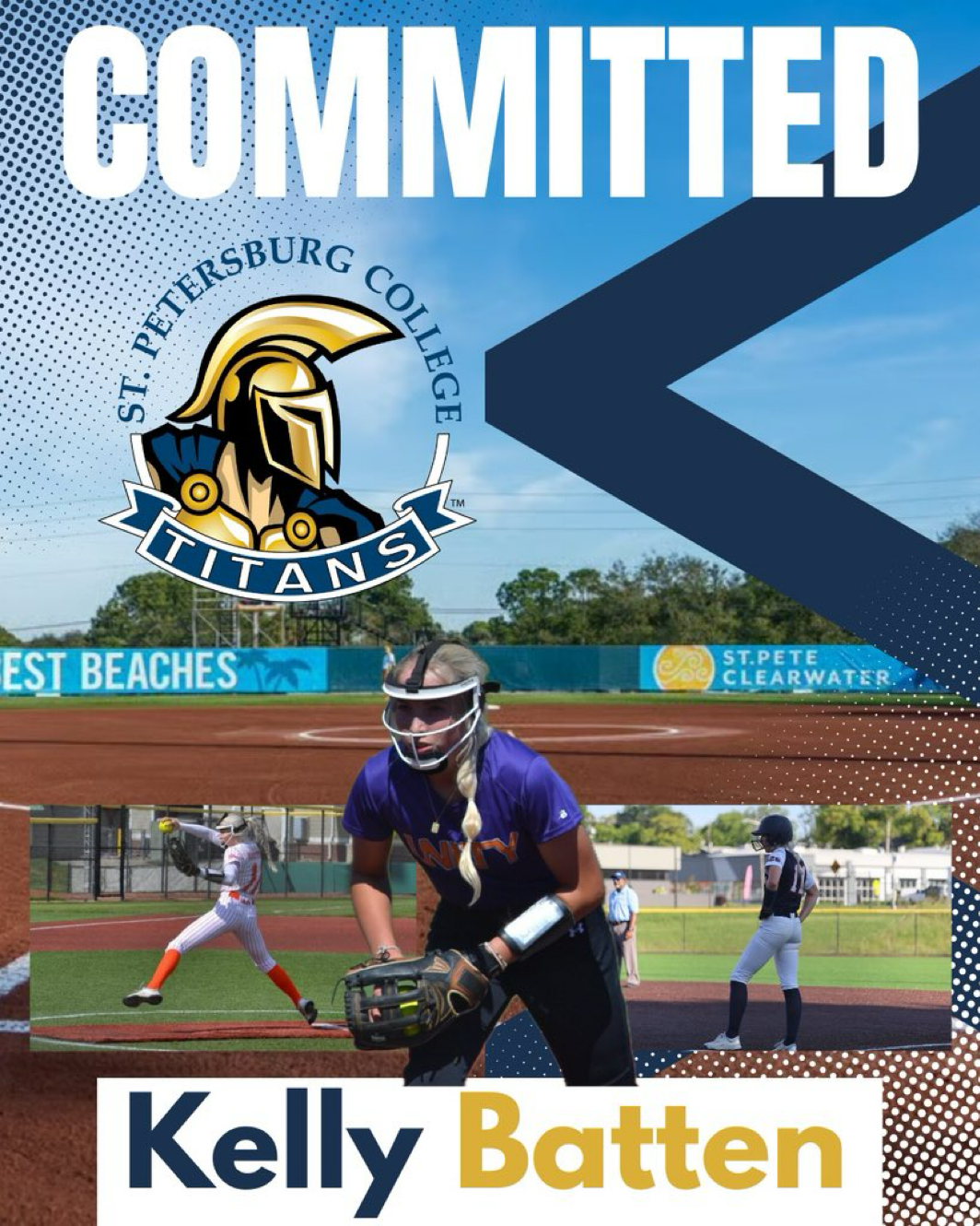 T3 Mavericks softball player, Kelly Batten, college commitment graphic