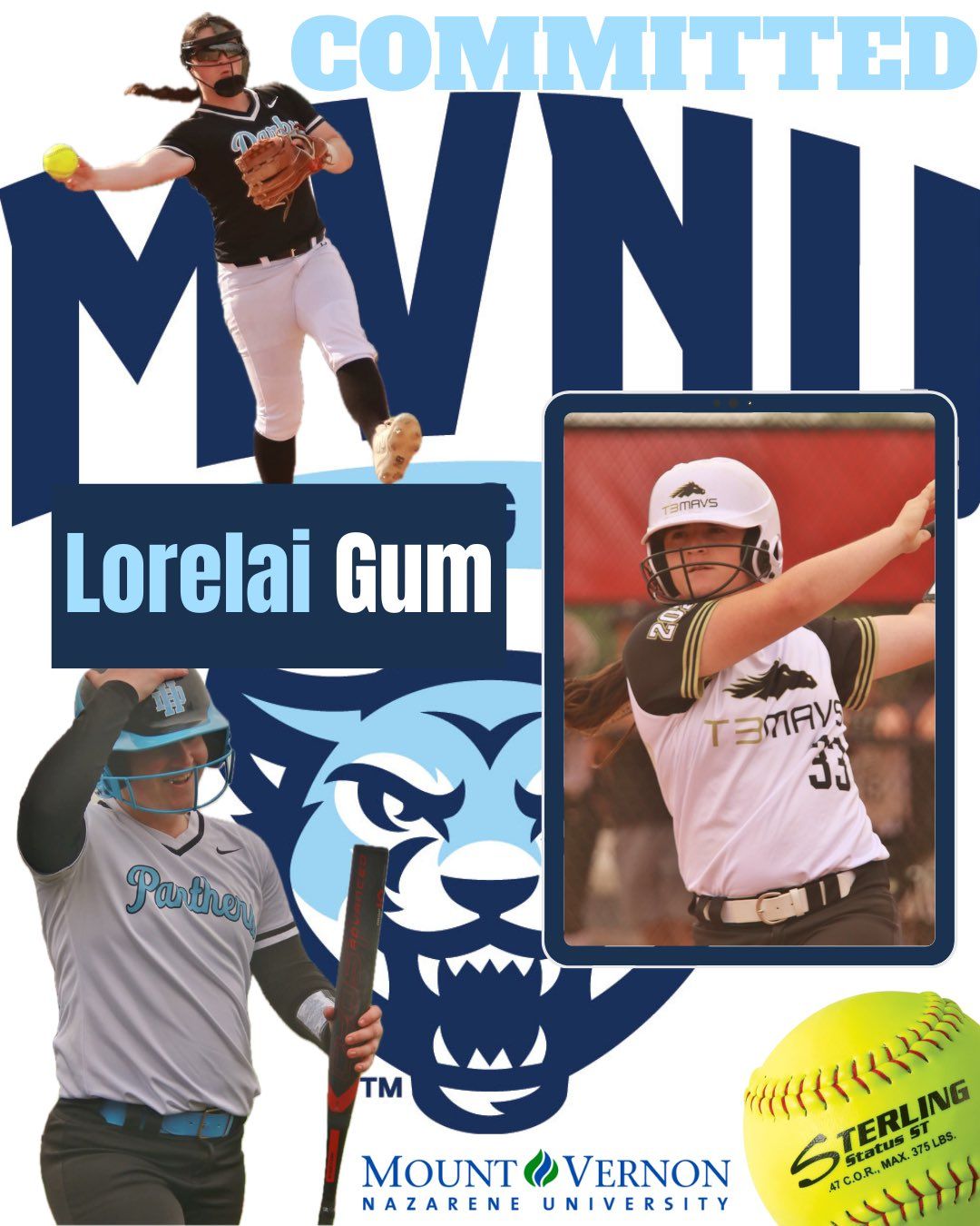 T3 Mavericks softball player, Lorelai Gum, college commitment graphic