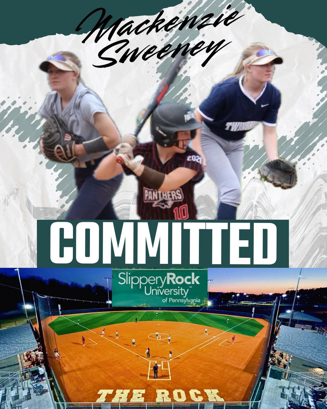 T3 Mavericks softball player, Mackenzie Sweeney, college commitment graphic