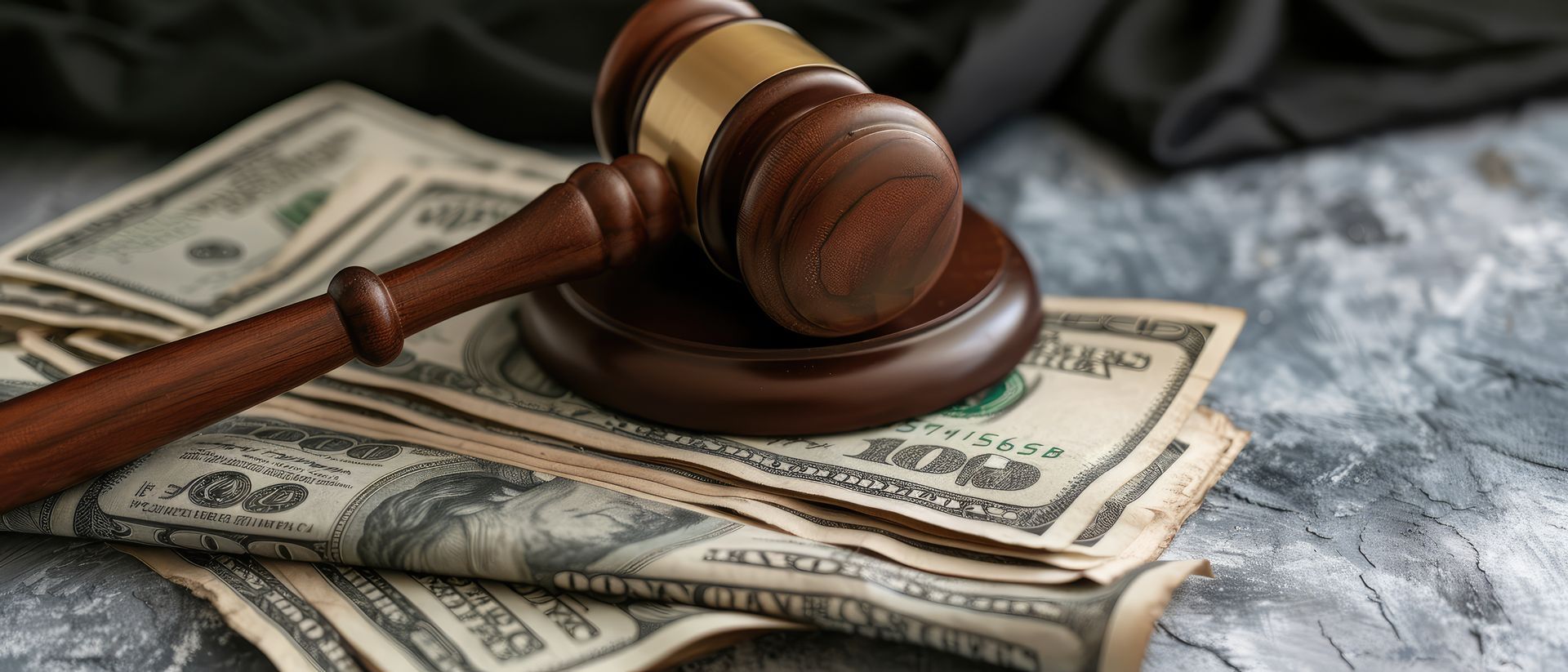A judicial gavel resting on a stack of $100 bills for professional bail bond service payments.