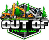 Out Of Phase LLC logo with excavator, dump truck, and licensed/insured text