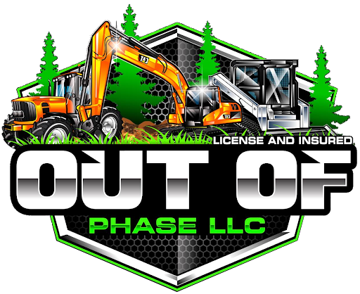 Out Of Phase LLC logo with excavator, dump truck, and licensed/insured text