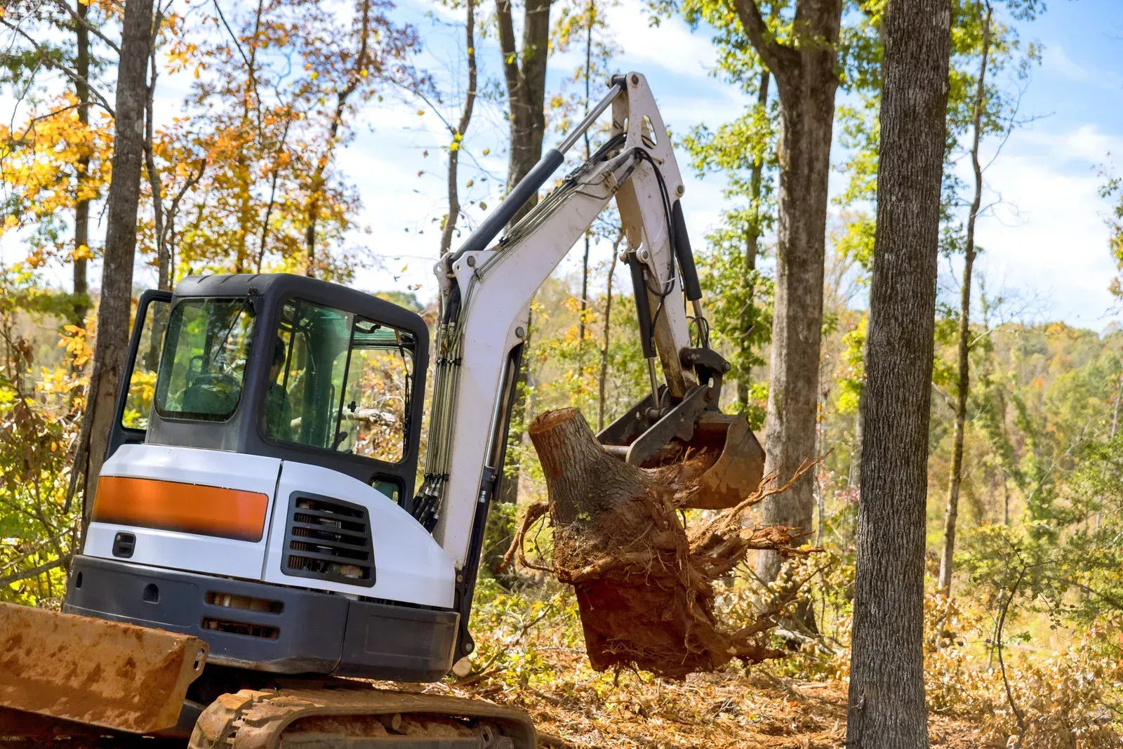 Excavator digging soil in a wooded area with autumn trees
