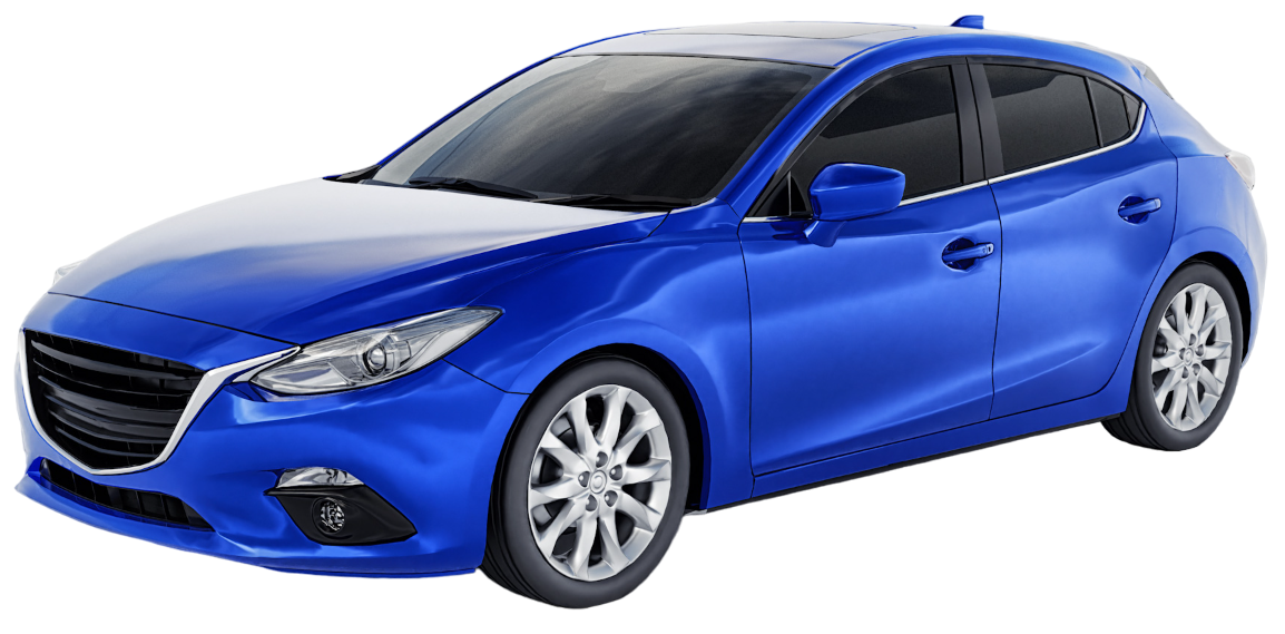A blue car with white wheels on a white background.