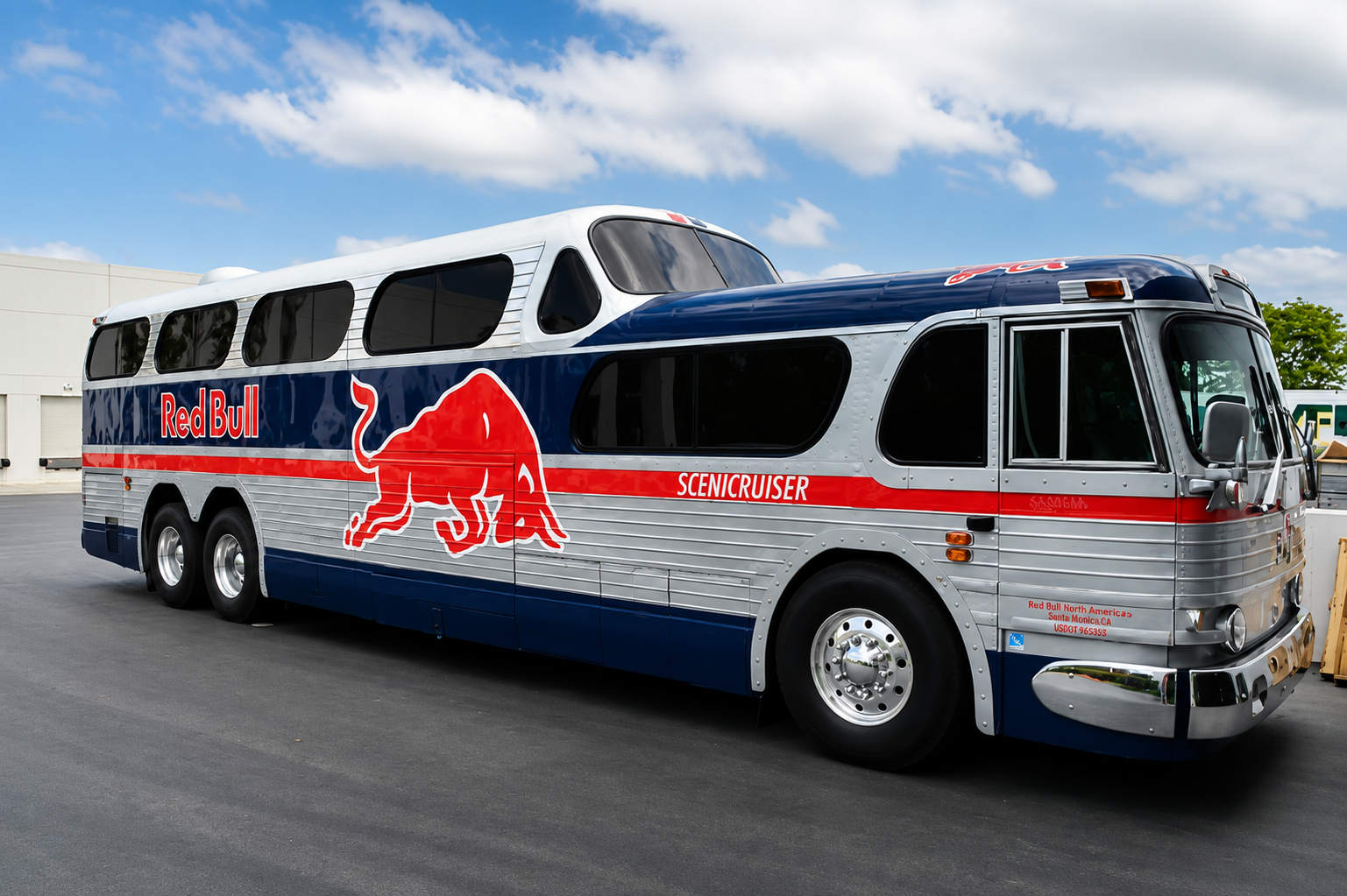 Red Bull-branded blue and white bus with red bull graphic, parked outdoors under a blue sky
