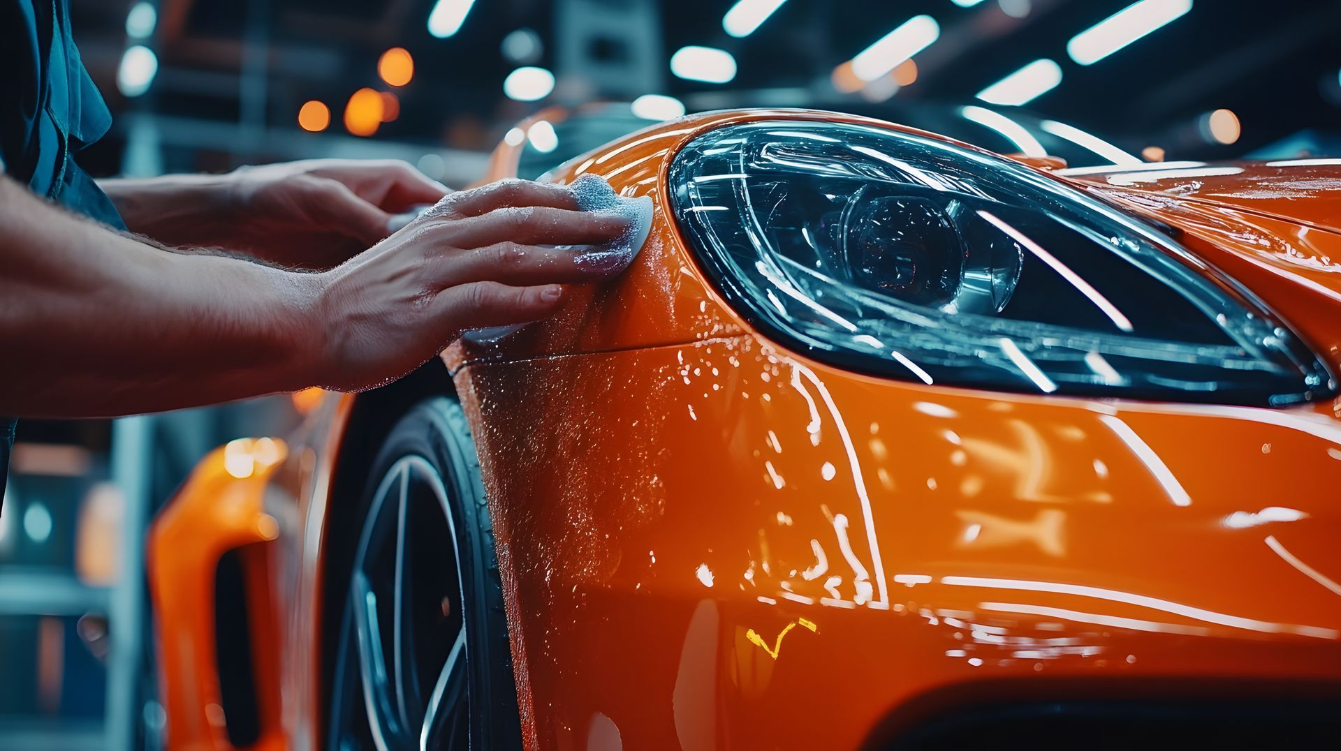 Hands polishing an orange sports car in a glossy garage