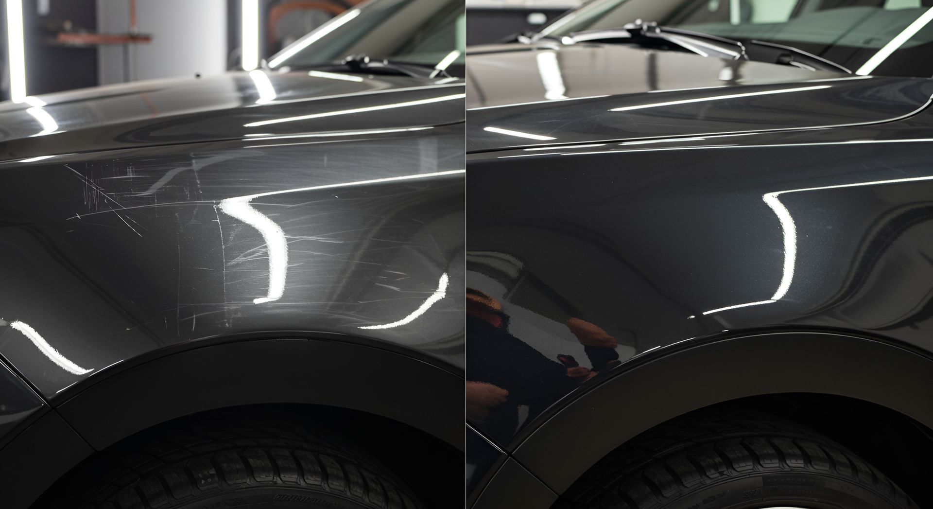 Side-by-side close-up of a dark gray car door, showing a reflection difference in glossy paint.