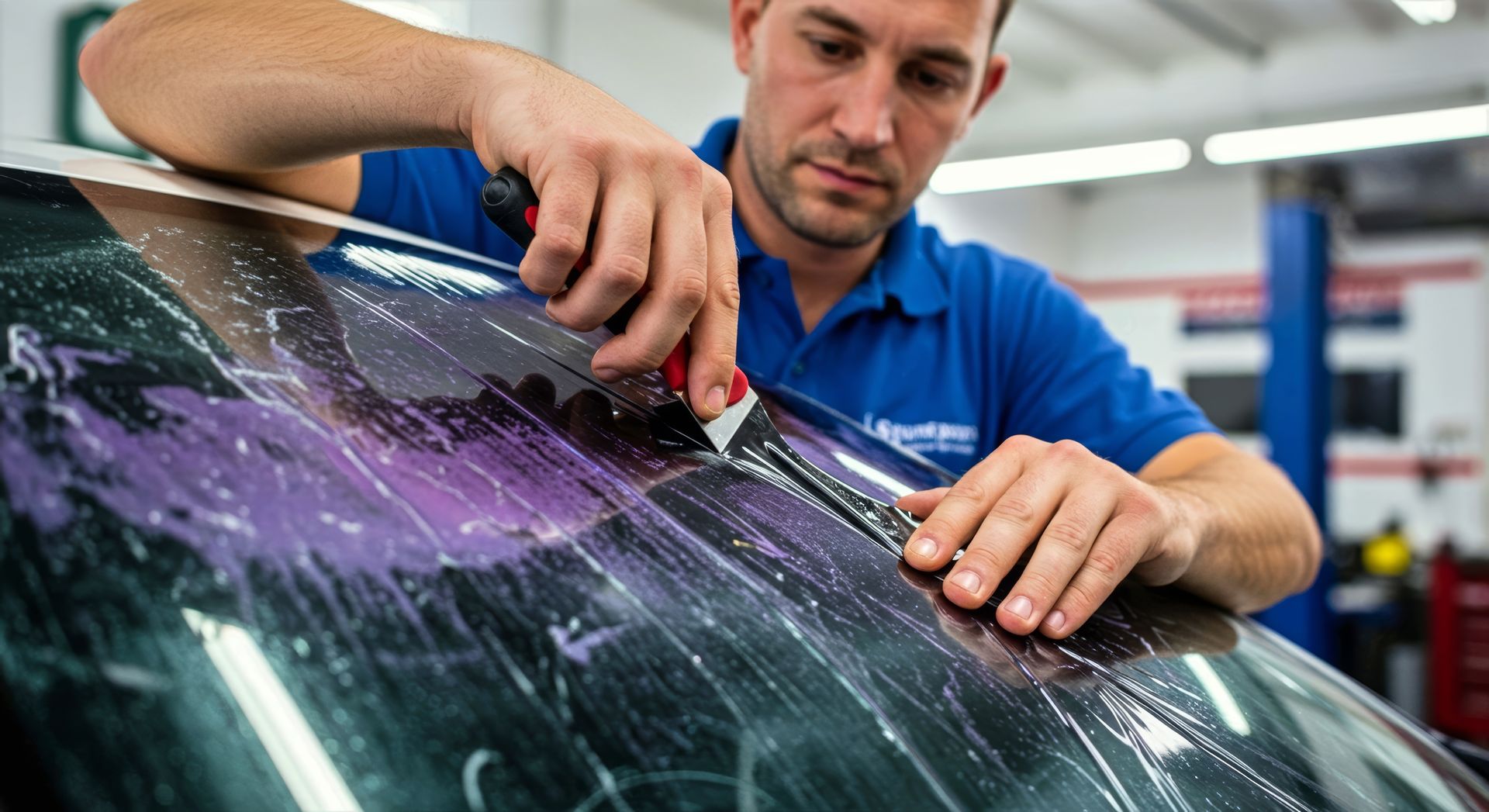 Man in blue polo applies protective film to a car windshield in a workshop