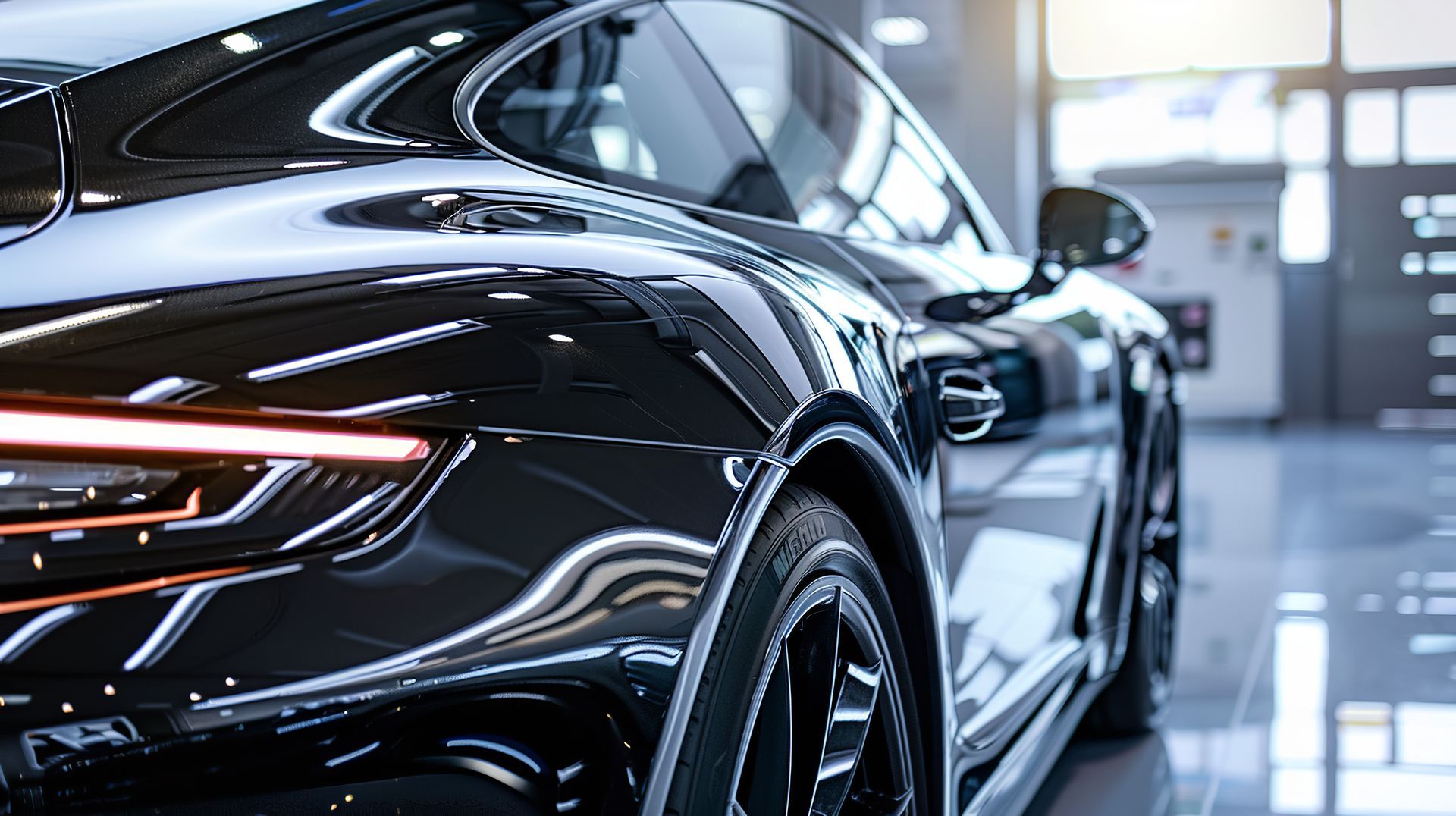 A Sleek Black Porsche 911. Rear view of a sleek black sports car in a bright showroom