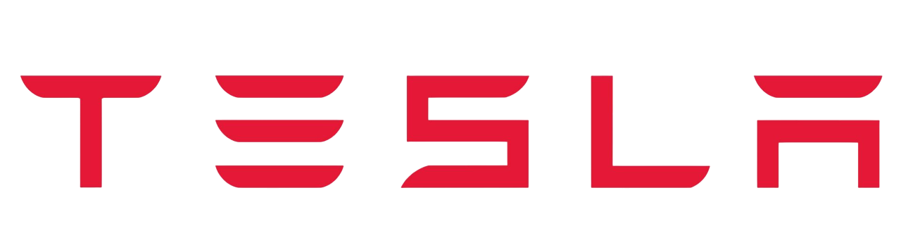 Tesla logo in red on a white background