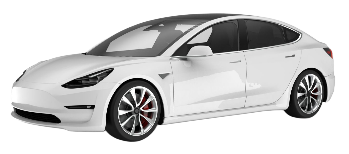 White Tesla sedan on a plain white background, angled front-left view