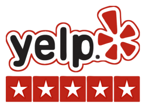 Yelp logo with black and red text and five red star icons below