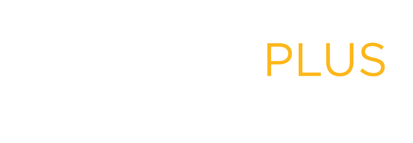 Yellow “PLUS” text on a white background.