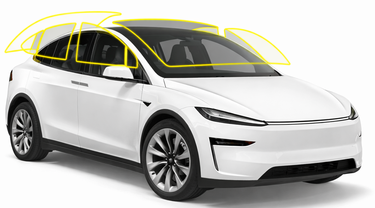 White SUV car in front view, with yellow outlines highlighting the roof and windows