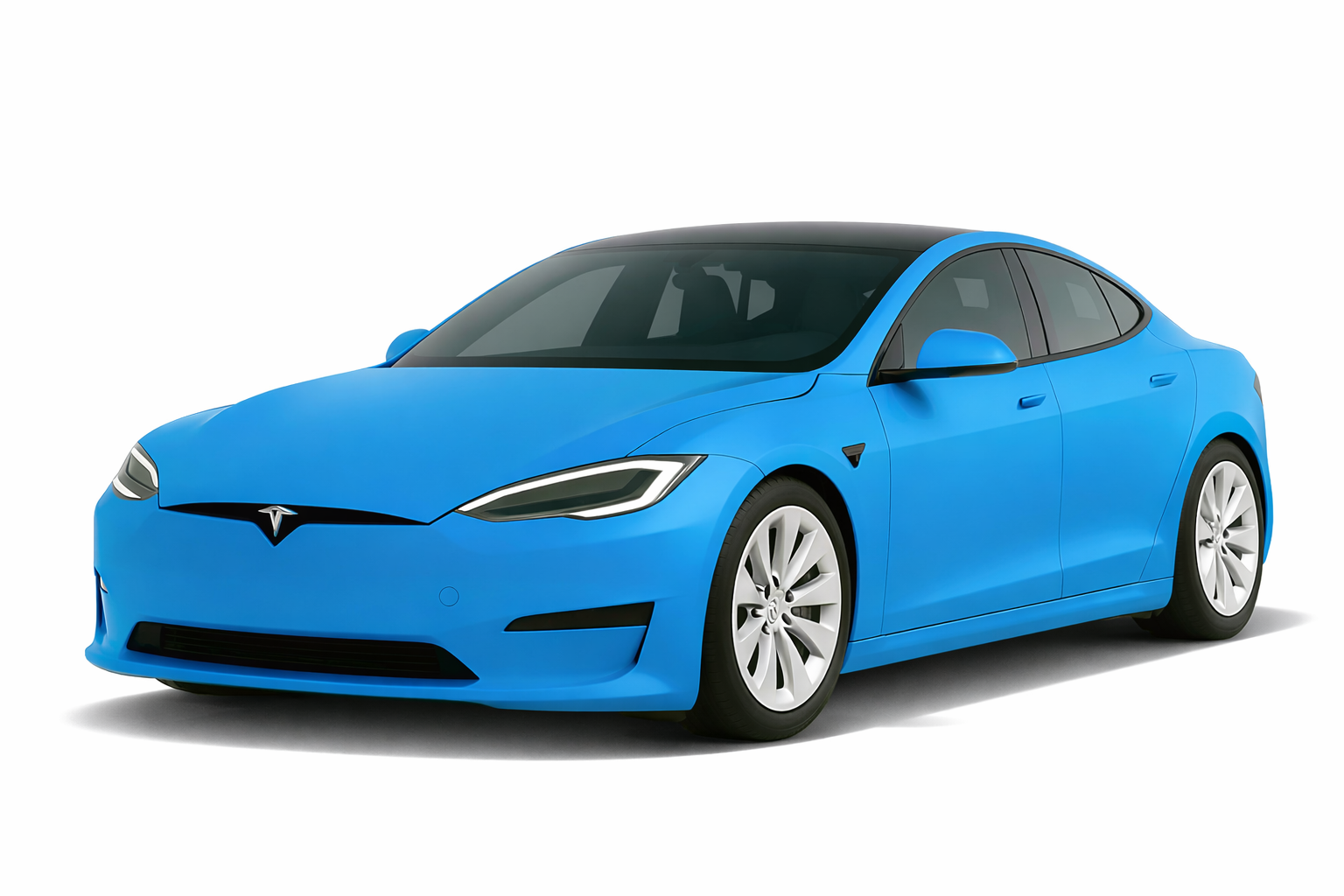 Bright blue Tesla sedan on a white background