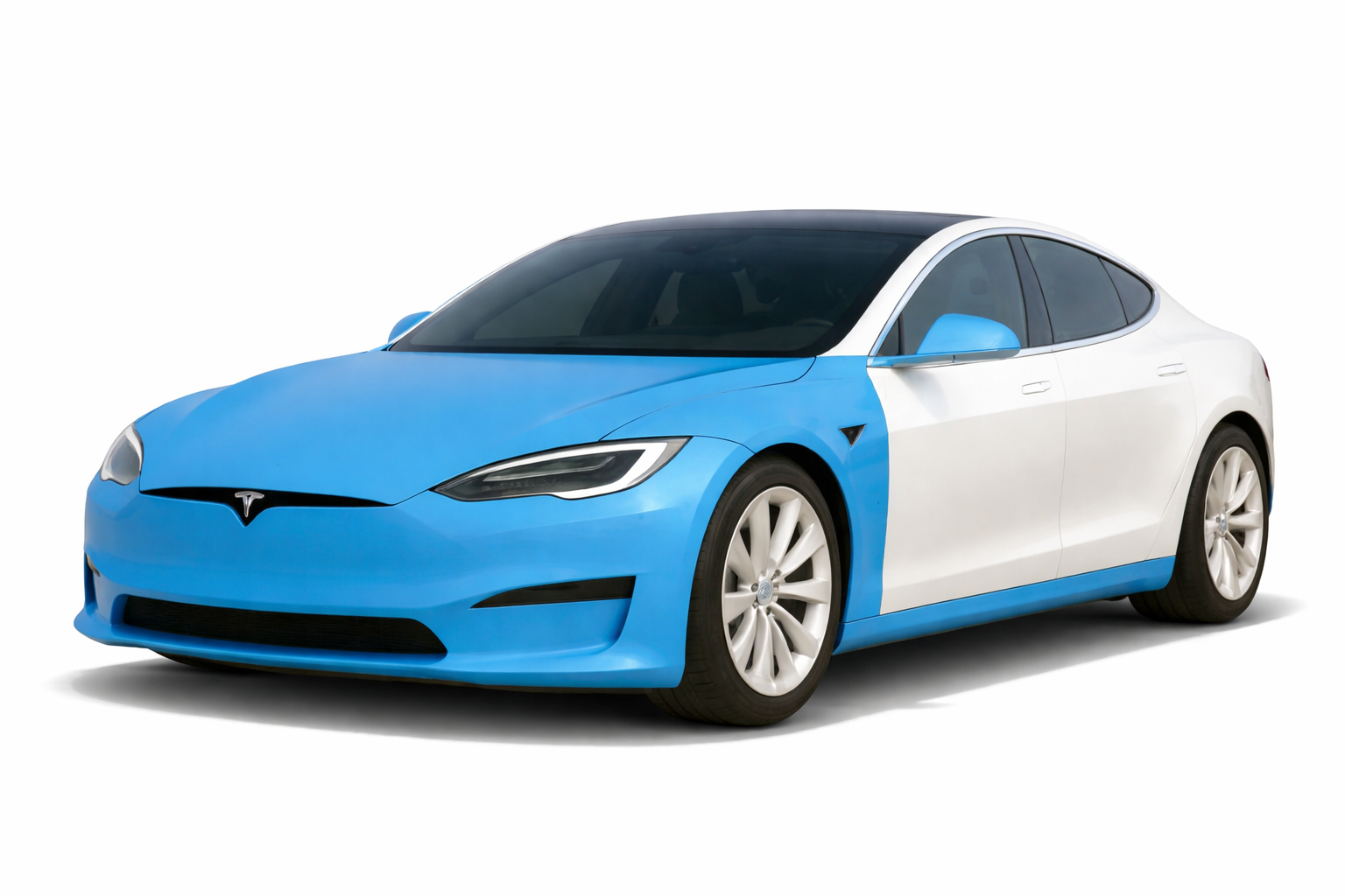 Blue and white Tesla sedan on a white background