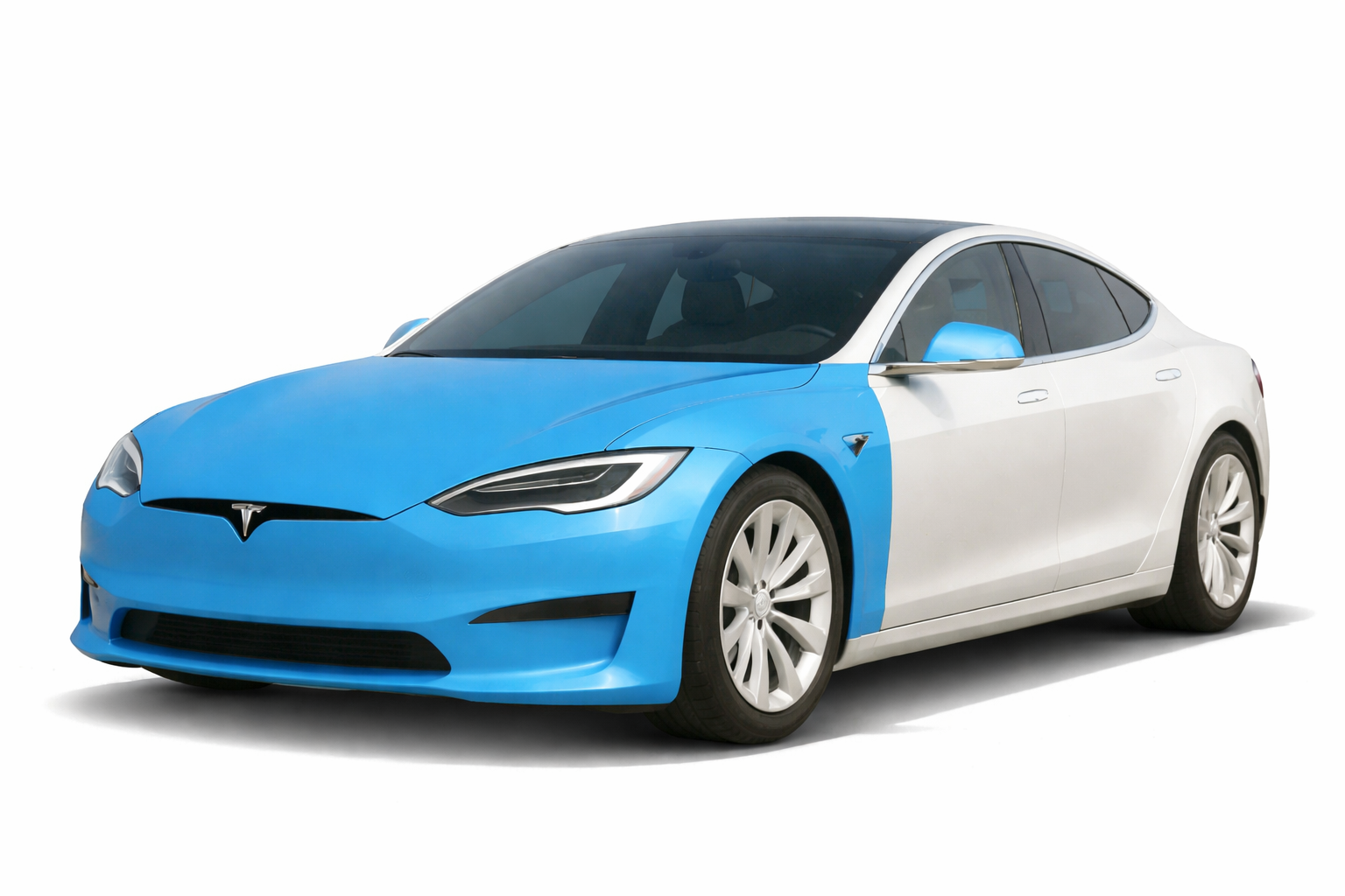 Blue and white Tesla sedan on a white background