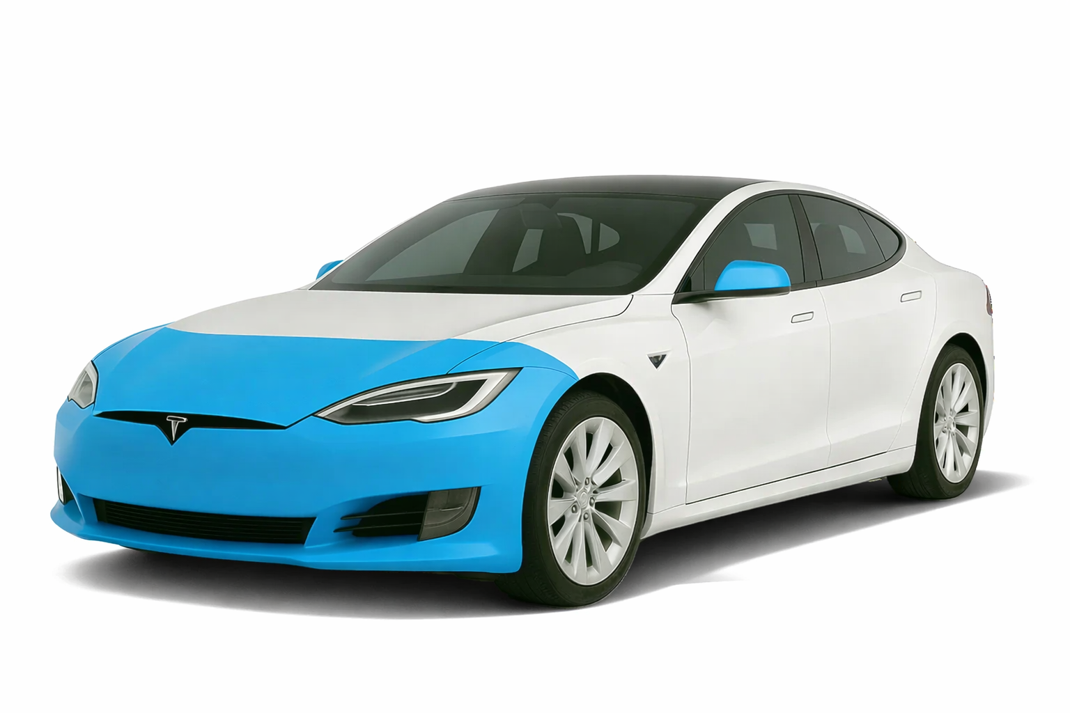 White Tesla sedan with blue front end on a white background
