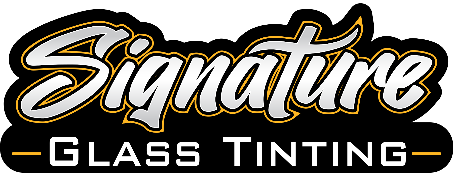 Signature Glass Tinting logo in white, black, and gold script on a black background
