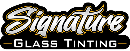 Signature Glass Tinting logo in white, black, and gold script on a black background