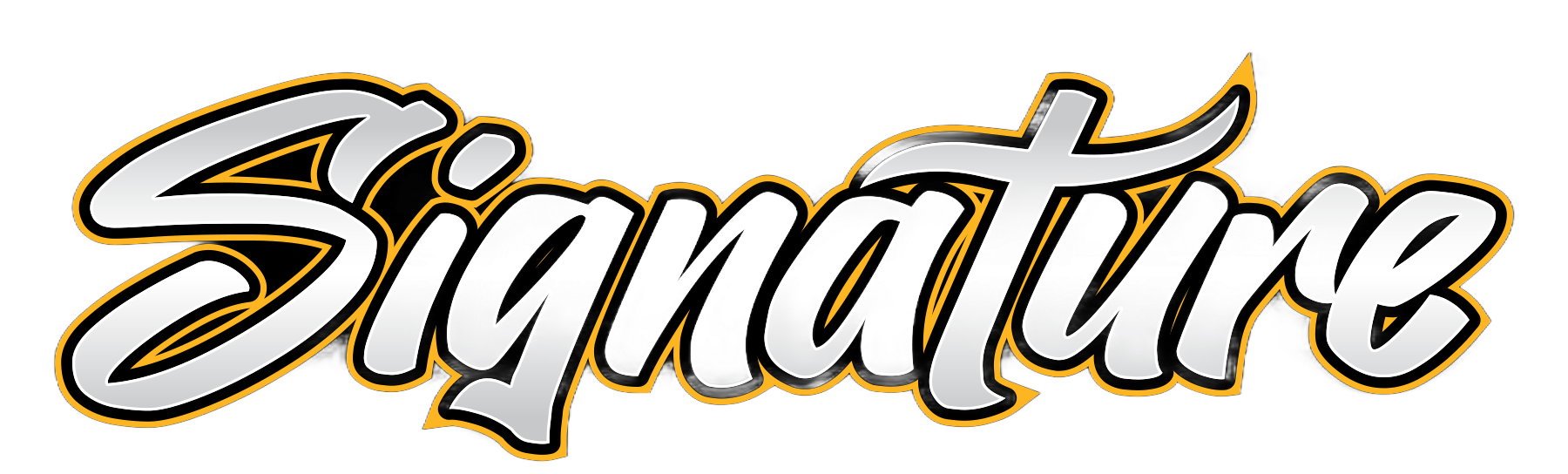 Stylized “Signature” wordmark in white, black, and gold script on a transparent background