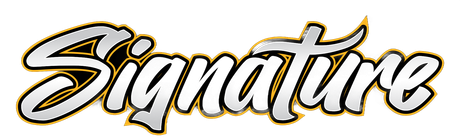 Stylized black and gold script reading “Signature” on a white background