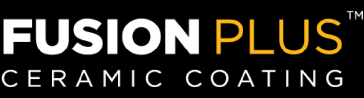Fusion Plus Ceramic Coating logo in white, gold, and gray on a black background