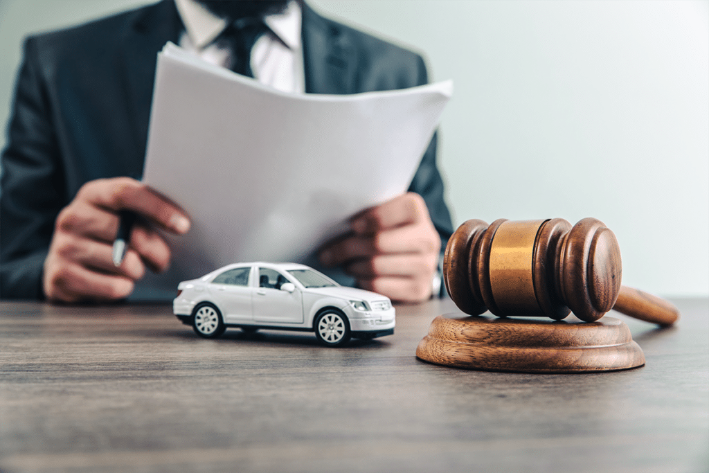 Car accident lawyer holding legal documents with a judge's gavel on the side