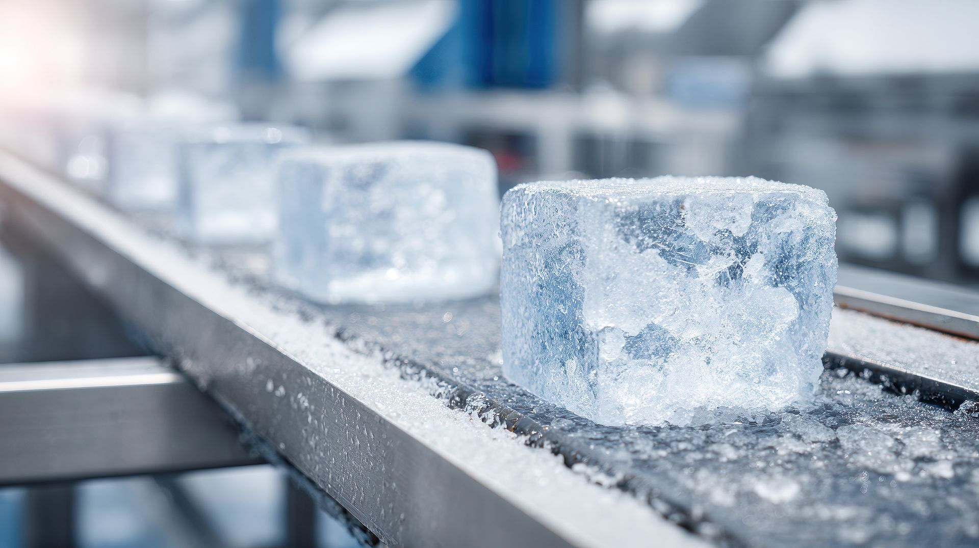 Ice delivery supplier's clear frosted ice blocks on a stainless steel conveyor in a chilled plant.