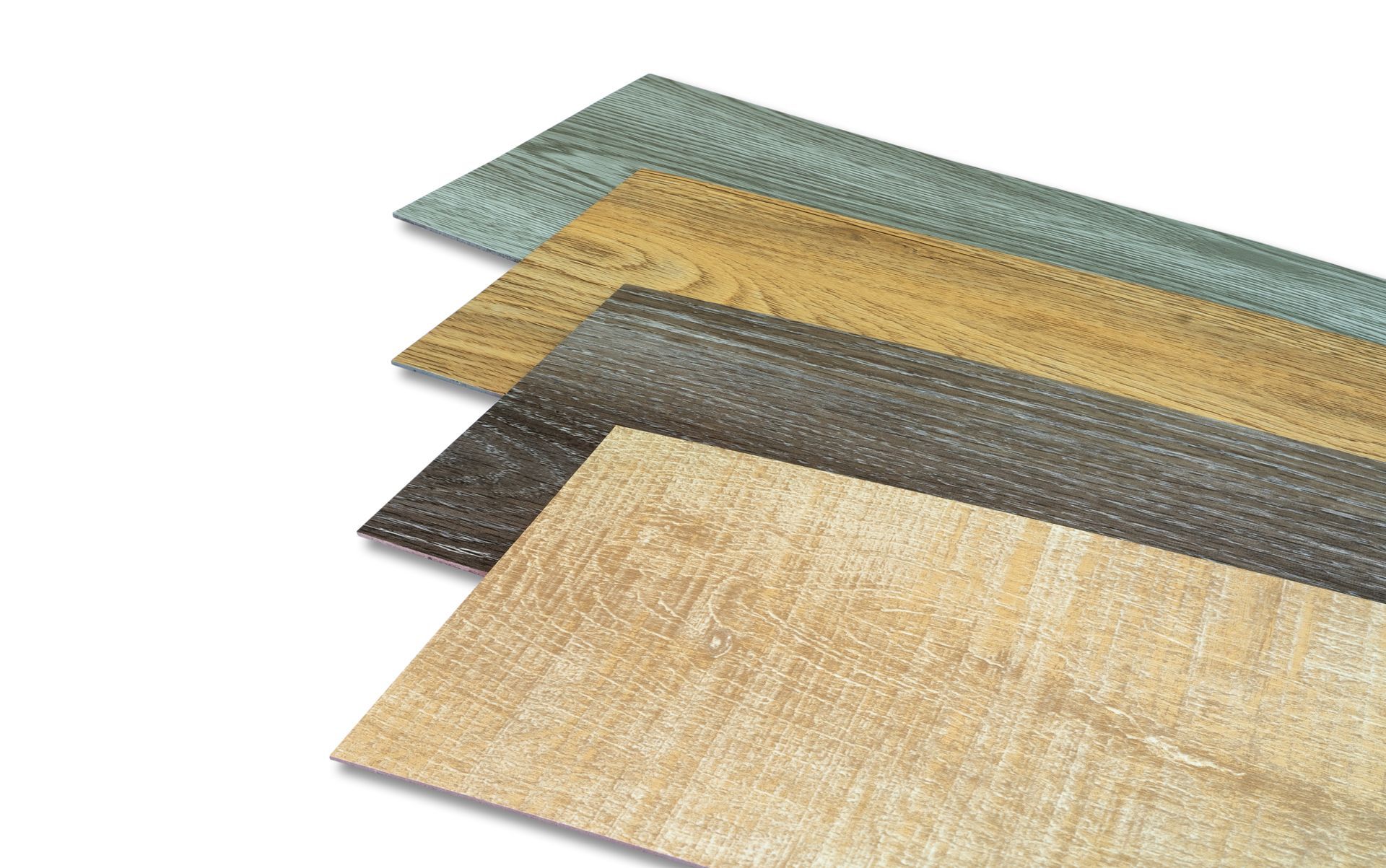 Four different colored LVP flooring planks