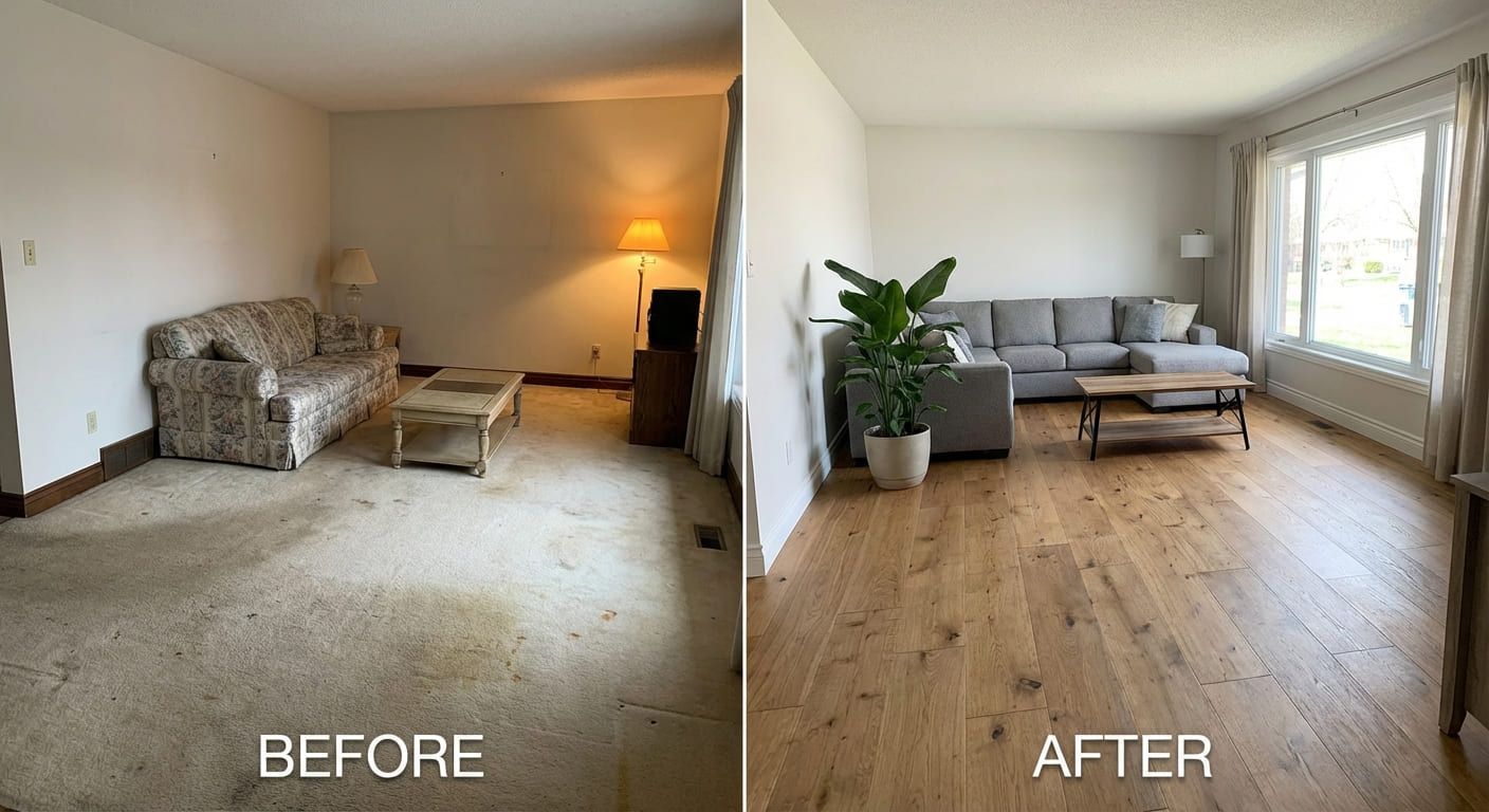 Before/after image carpet to LVP flooring