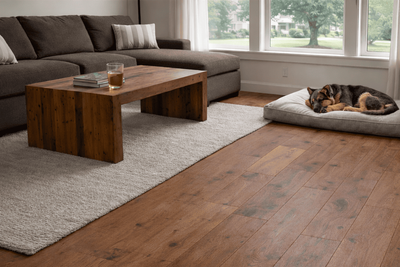 Wood flooring in Pasco, wa, living room with dog sleeping