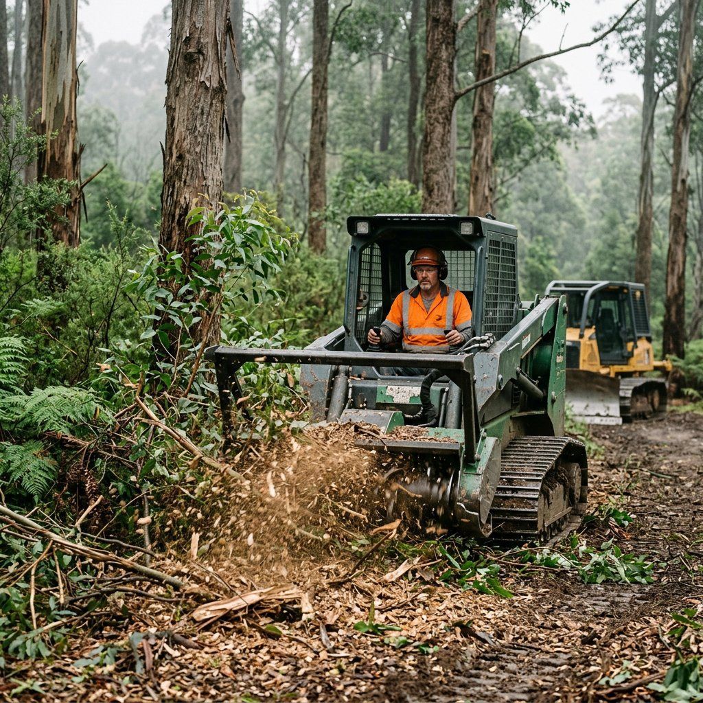 Skid steer clearing brush in a misty forest, operator in orange vest