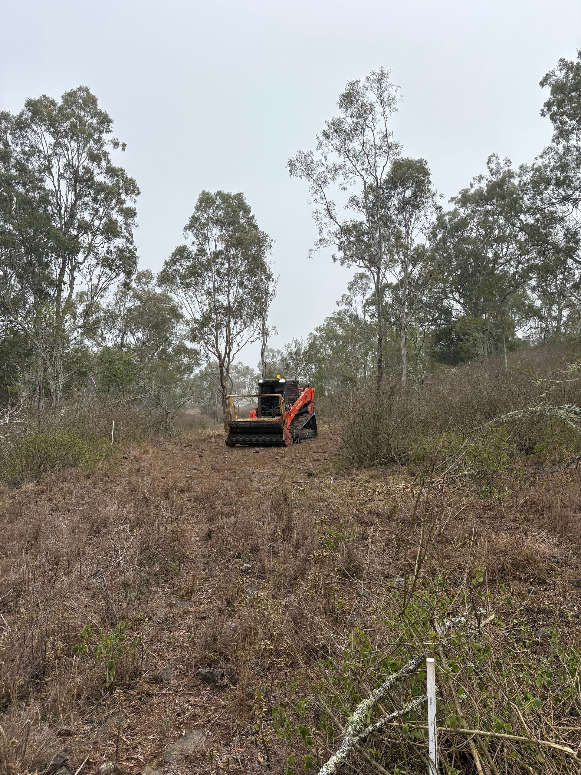 Yellow excavator digging soil at a construction site under trees
