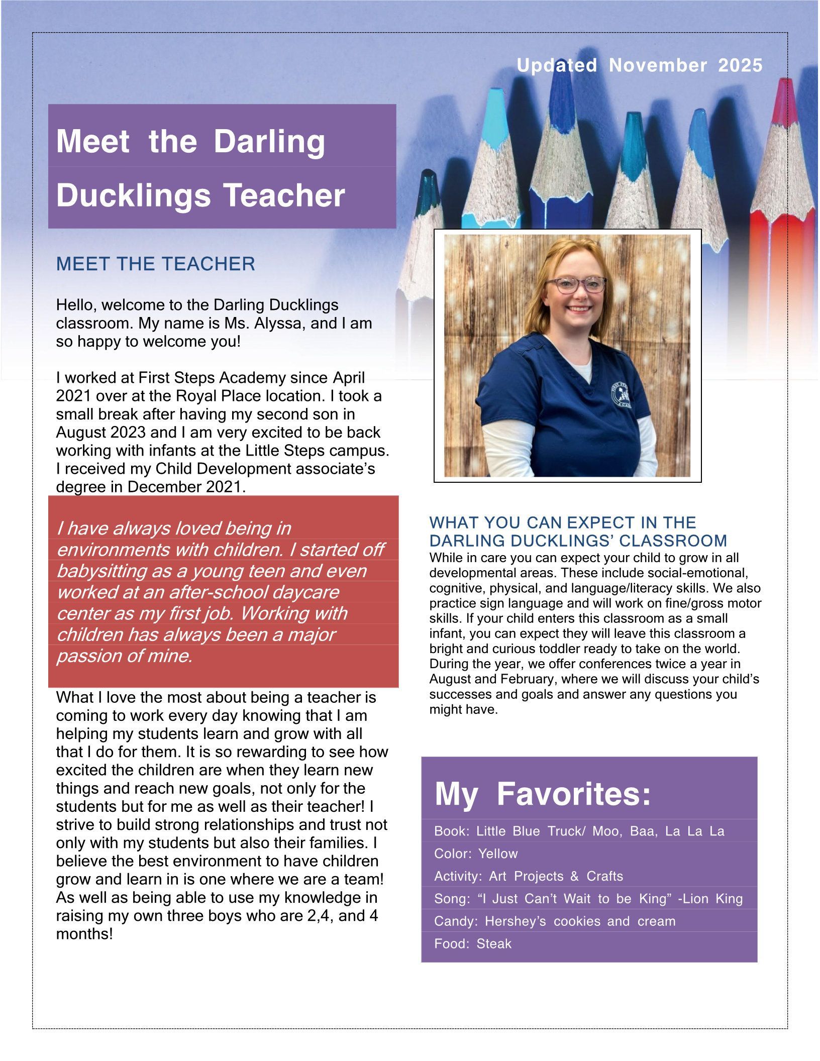 Newsletter introducing the Darling Ducklings teacher. Includes a photo of the teacher, text, and graphics.