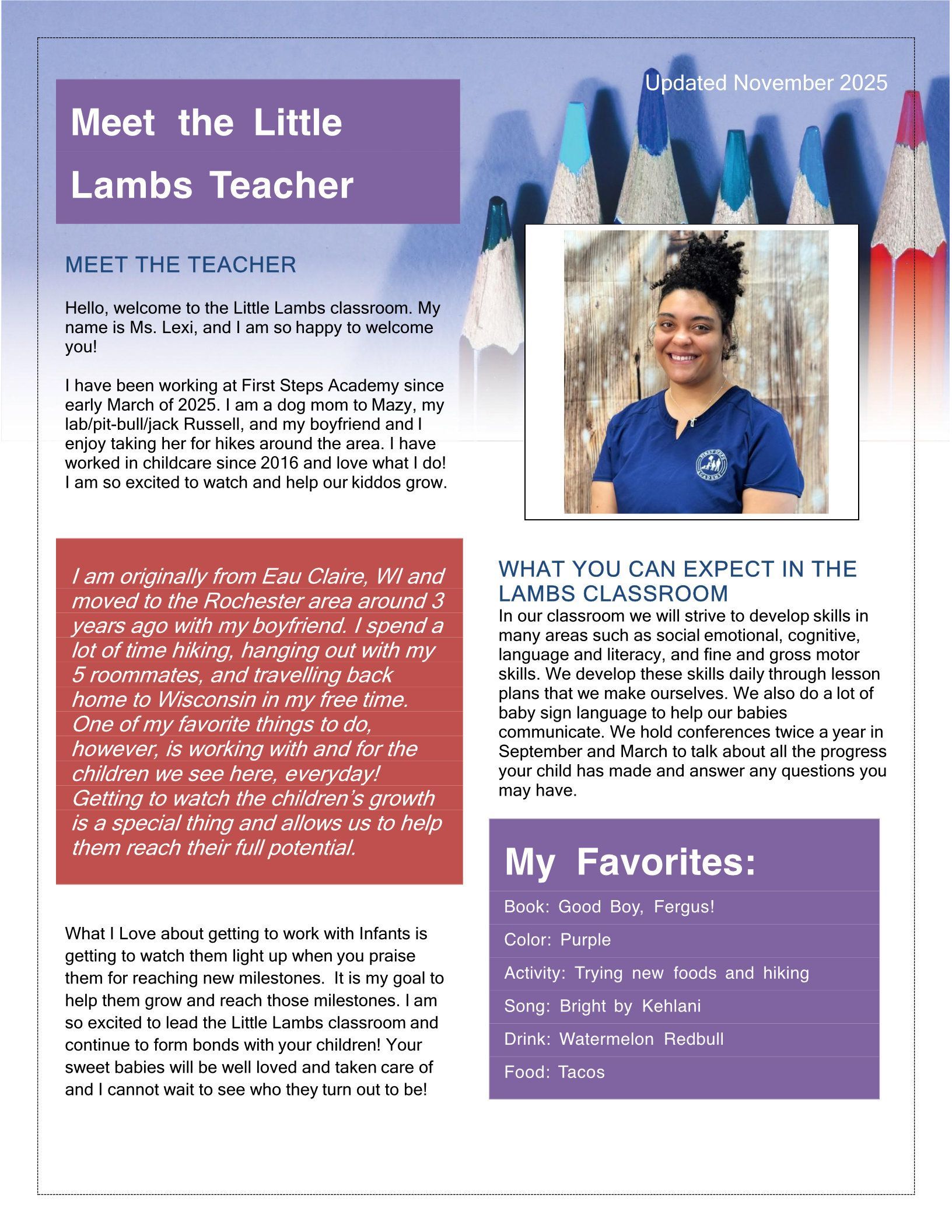 A classroom teacher introduction. Includes a photo of the teacher and a list of the class's focus.