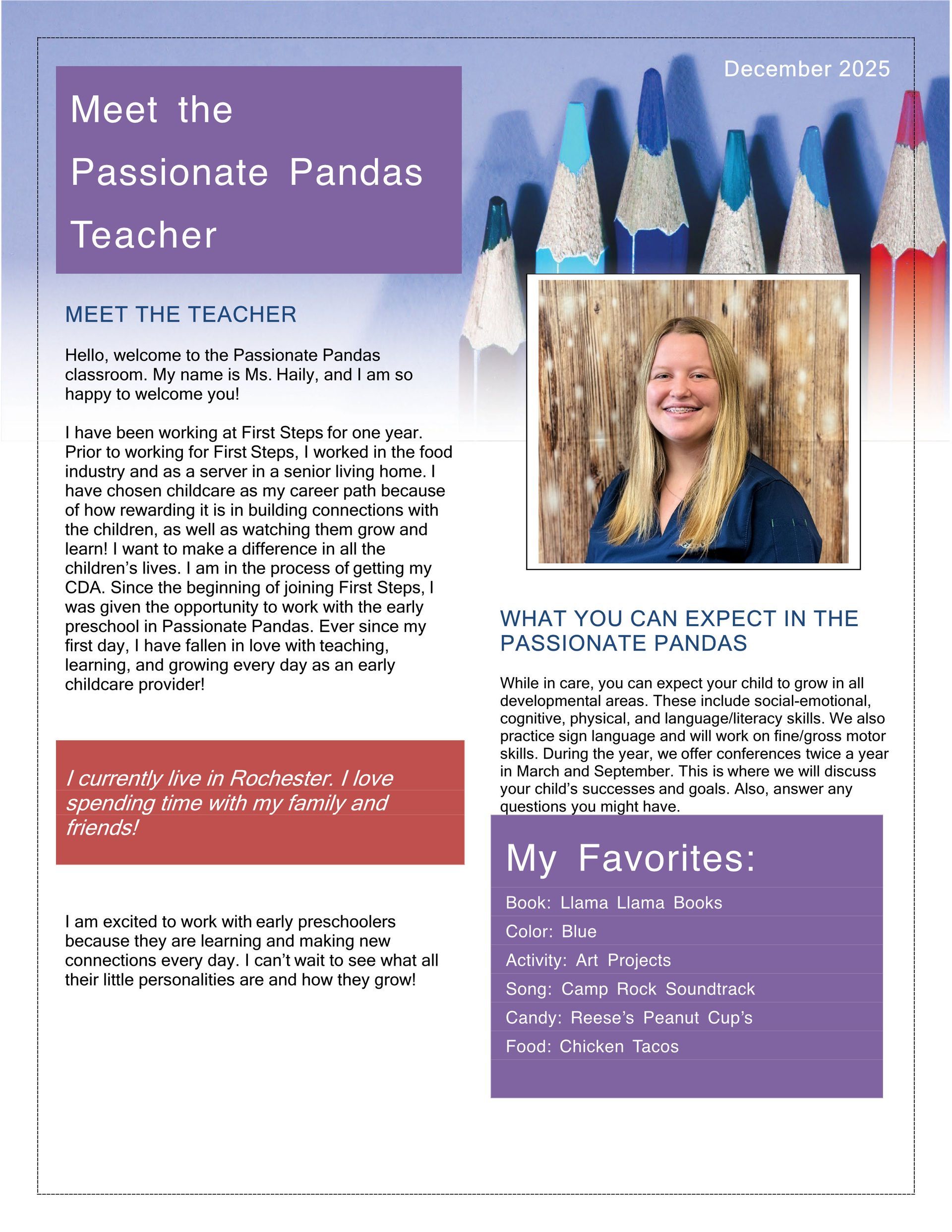 Newsletter about a teacher. Photo of a smiling woman with blonde hair. Text lists her favorites and what to expect in the classroom.