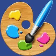 Wooden artist's palette with paint blobs in blue, green, yellow, and pink, being brushed with a blue-handled paintbrush.