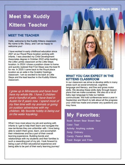 Newsletter: Meet the Kuddly Kittens teacher. A smiling woman in a photo with text about classroom expectations and favorites.