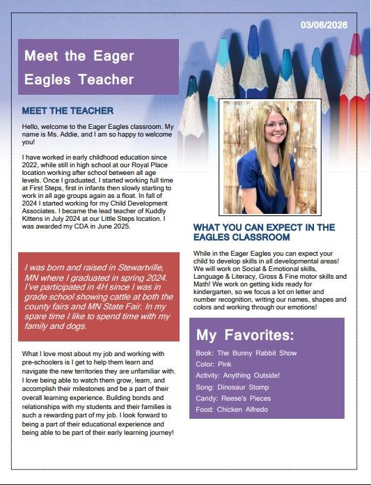 Flyer: Meet the Eager Eagles Teacher. Teacher photo, text about expectations and favorites. Purple, blue, white, and red colors.