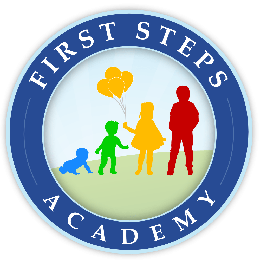 Logo for First Steps Academy. A blue circle with white text, depicting children of different ages.