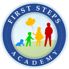Logo: Blue circle with text "First Steps Academy". Inside, silhouettes of children in various colors, holding balloons.