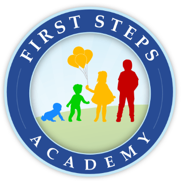 Logo: Blue circle with text "First Steps Academy". Inside, silhouettes of children in various colors, holding balloons.