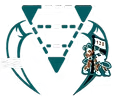 Teal logo featuring a large letter V outline, a downward triangle, and a cartoon character holding a flag labeled 125.
