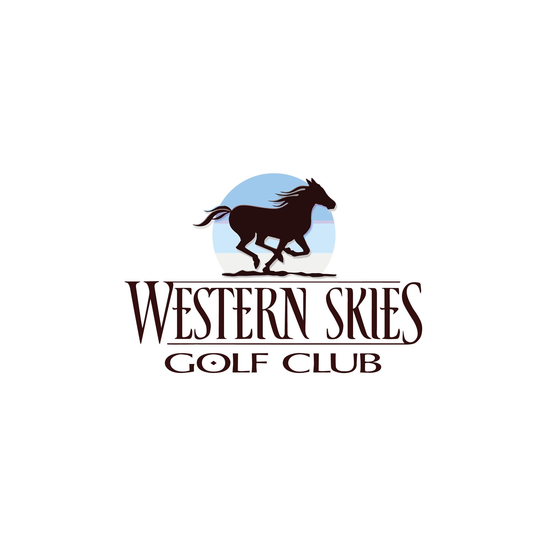 The logo for the western skies golf club shows a horse running.