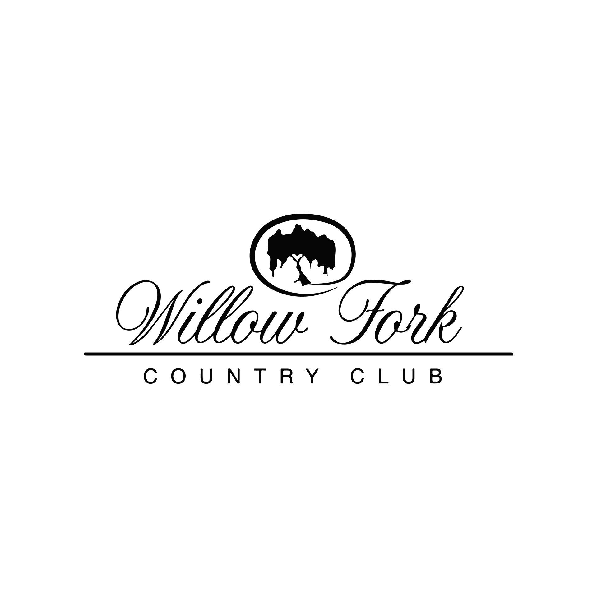 The logo for willow fork country club is black and white.
