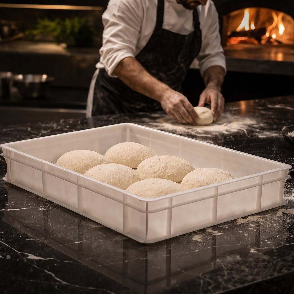 Un vassoio di palline di pasta lievitata su un piano infarinato, con un fornaio che modella l'impasto vicino a un forno a legna.